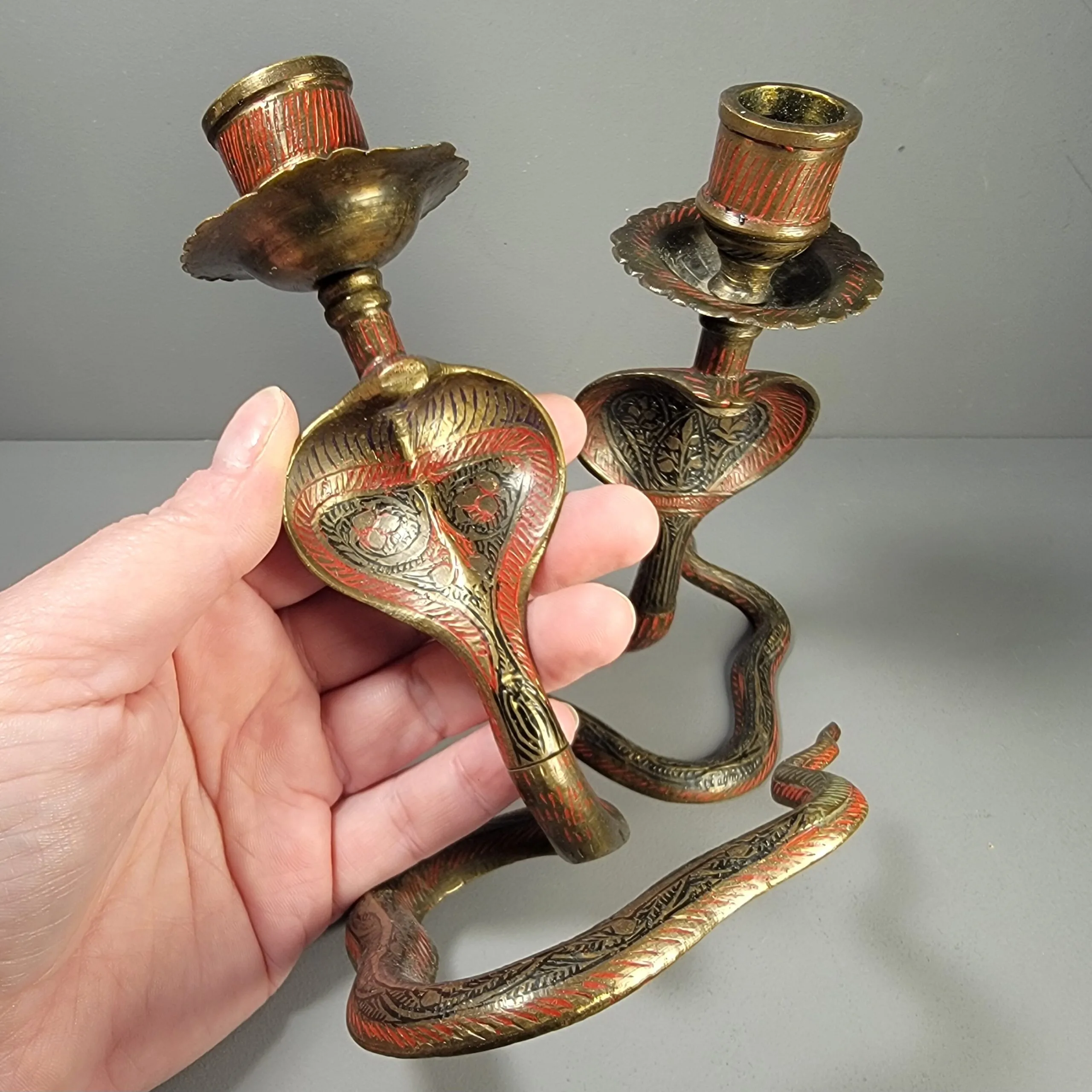 Slide 6 for Vintage Brass Cobra Candle Holder Set