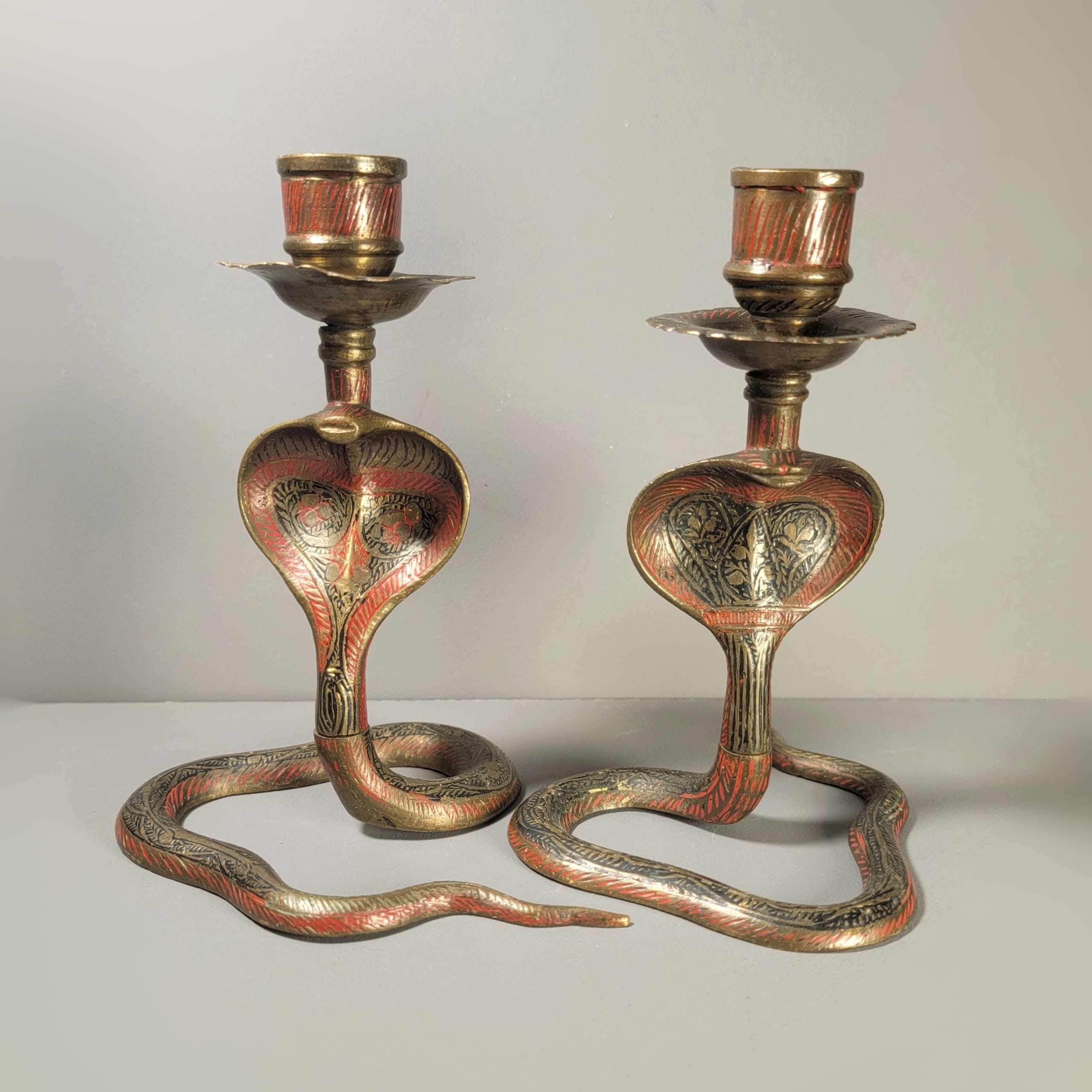 Slide 5 for Vintage Brass Cobra Candle Holder Set