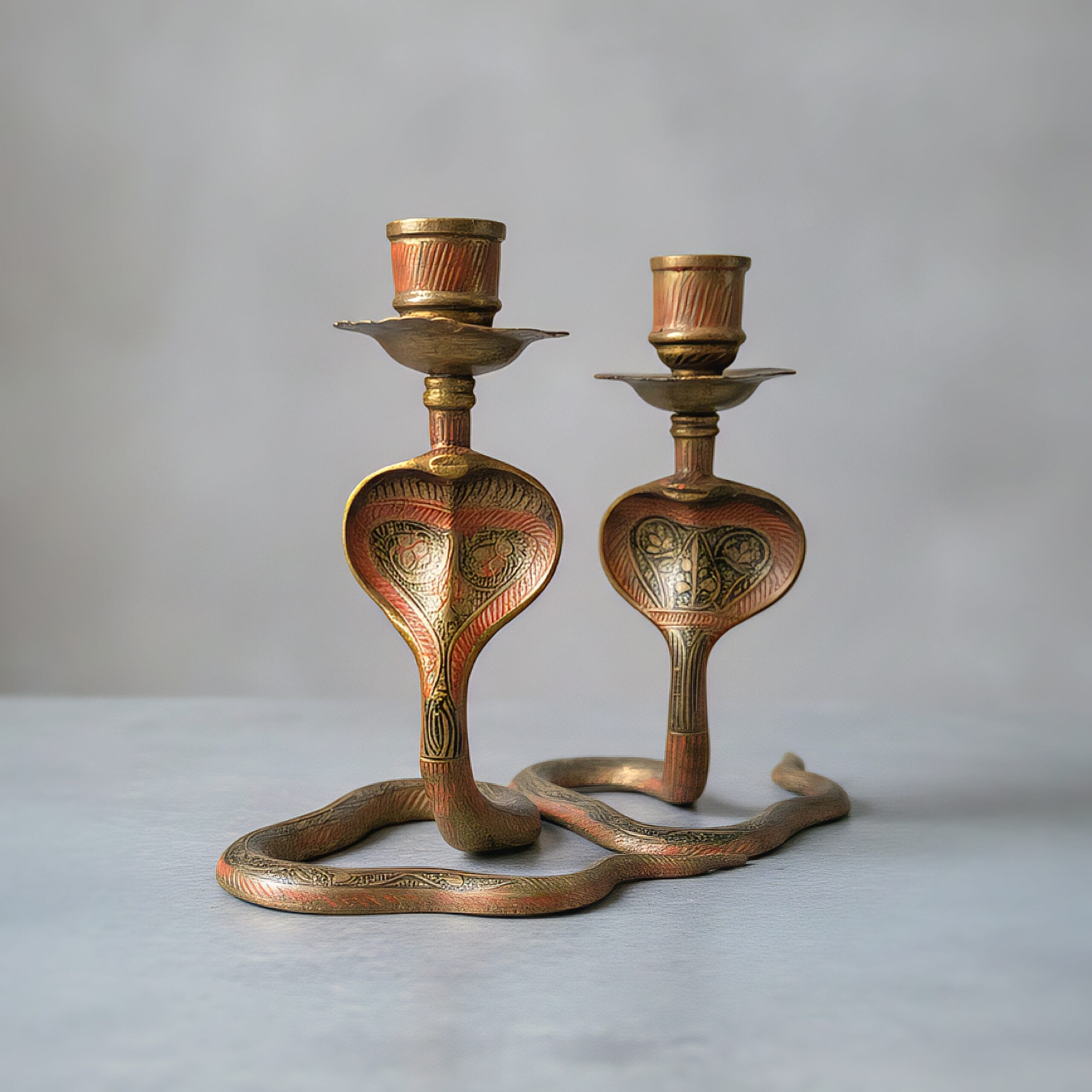 Slide 1 for Vintage Brass Cobra Candle Holder Set