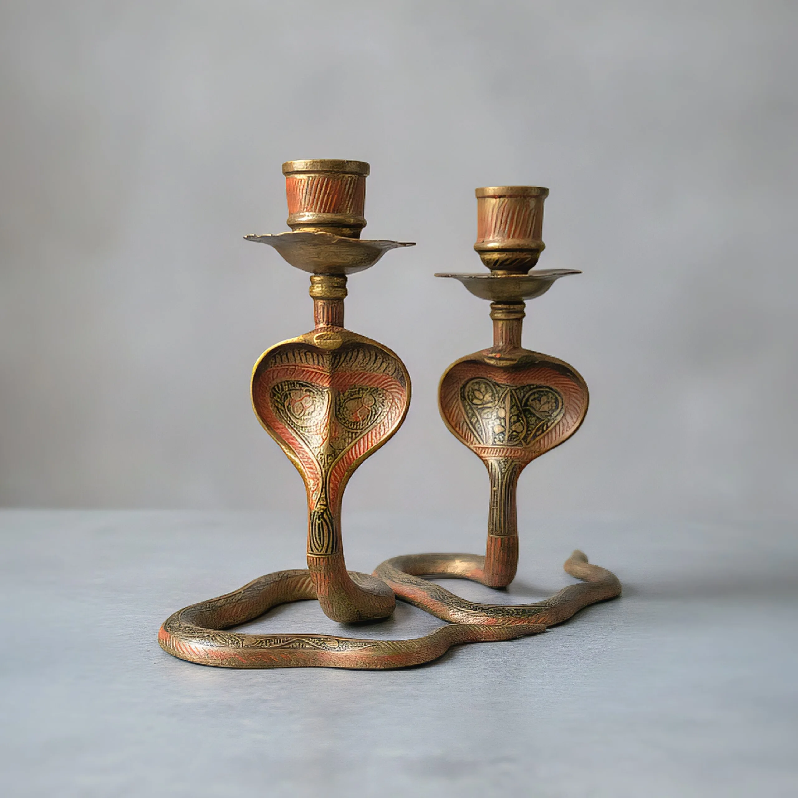 Slide 1 for Vintage Brass Cobra Candle Holder Set
