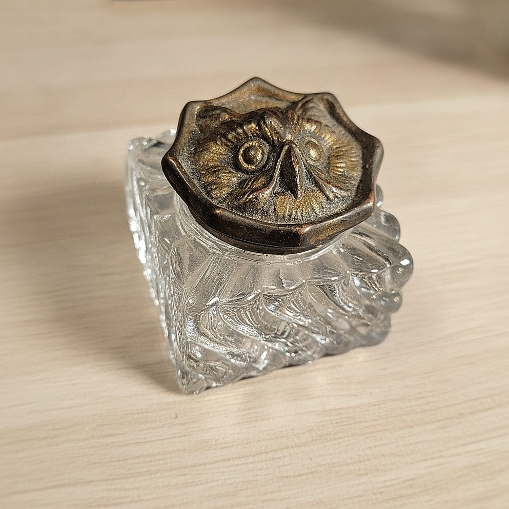 Slide 1 for Rare Vintage Brass and Glass Owl Inkwell