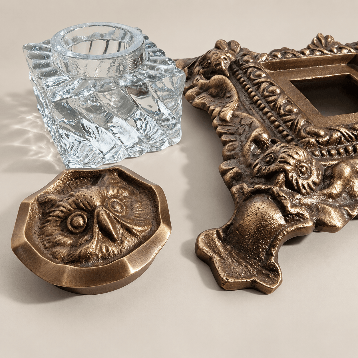 Slide 3 for Vintage Style Brass and Glass Owl Inkwell