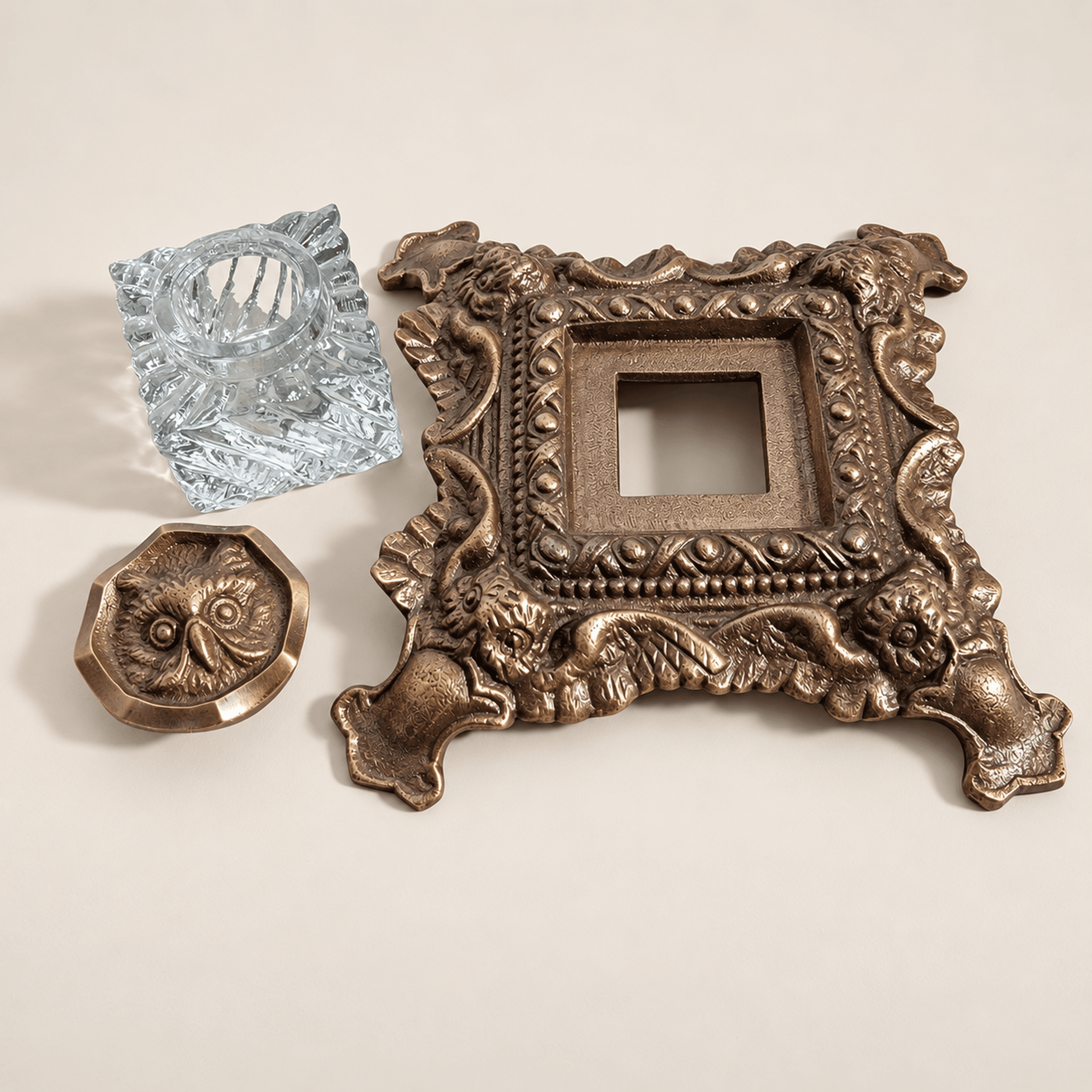 Slide 2 for Vintage Style Brass and Glass Owl Inkwell