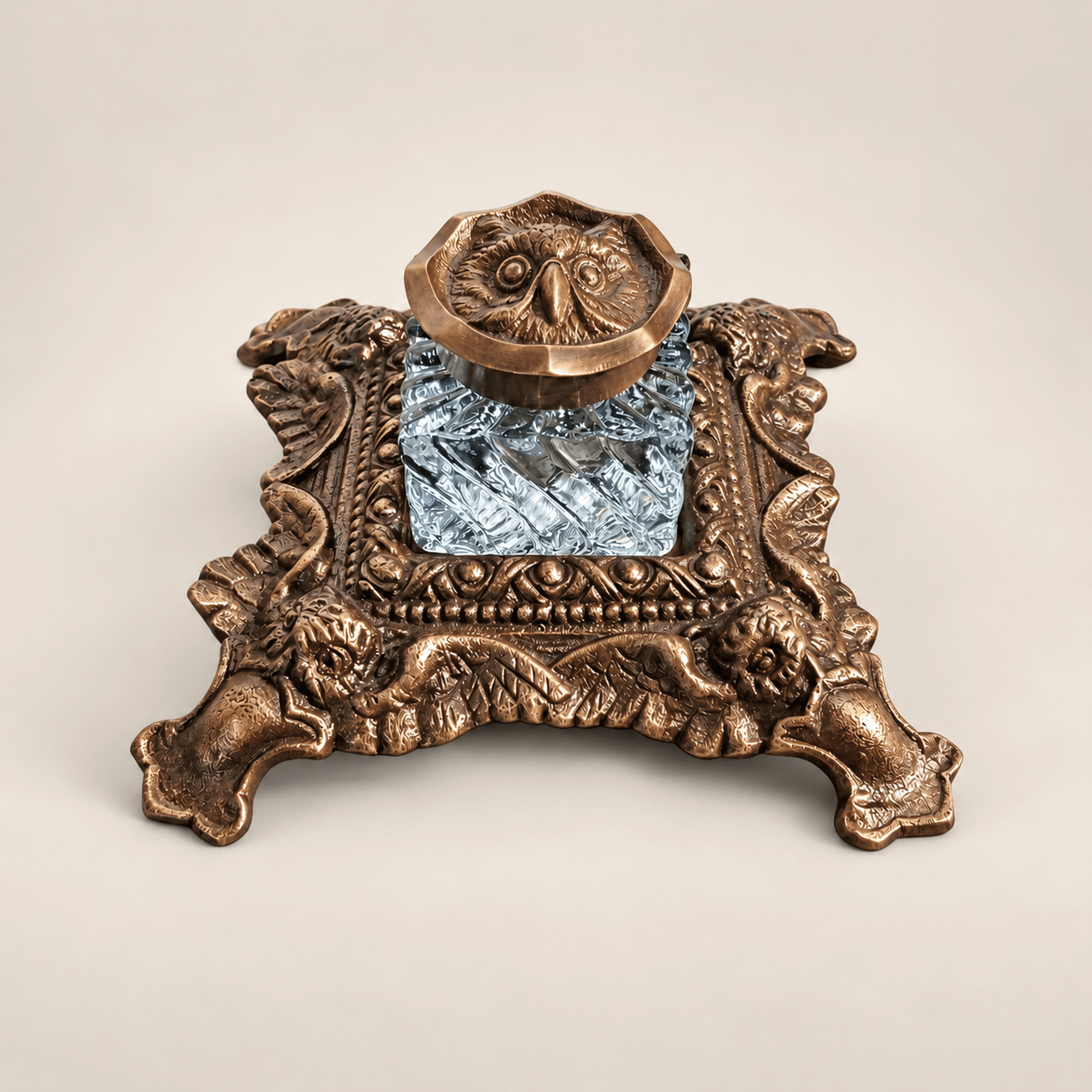 Slide 1 for Vintage Style Brass and Glass Owl Inkwell